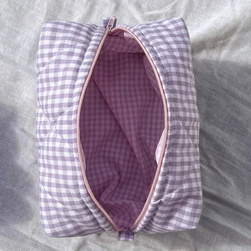 sac de maquillage à fleurs à carreaux, sac de rangement de cosmétiques portable de grande capacité, sac de lavage matelassé en coton, pochette de soins de la peau