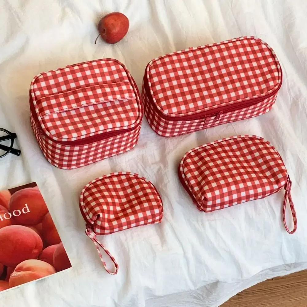 Sac de maquillage à grille rouge de haute qualité, pochette cosmétique portable multi-tailles, trousse de toilette de voyage