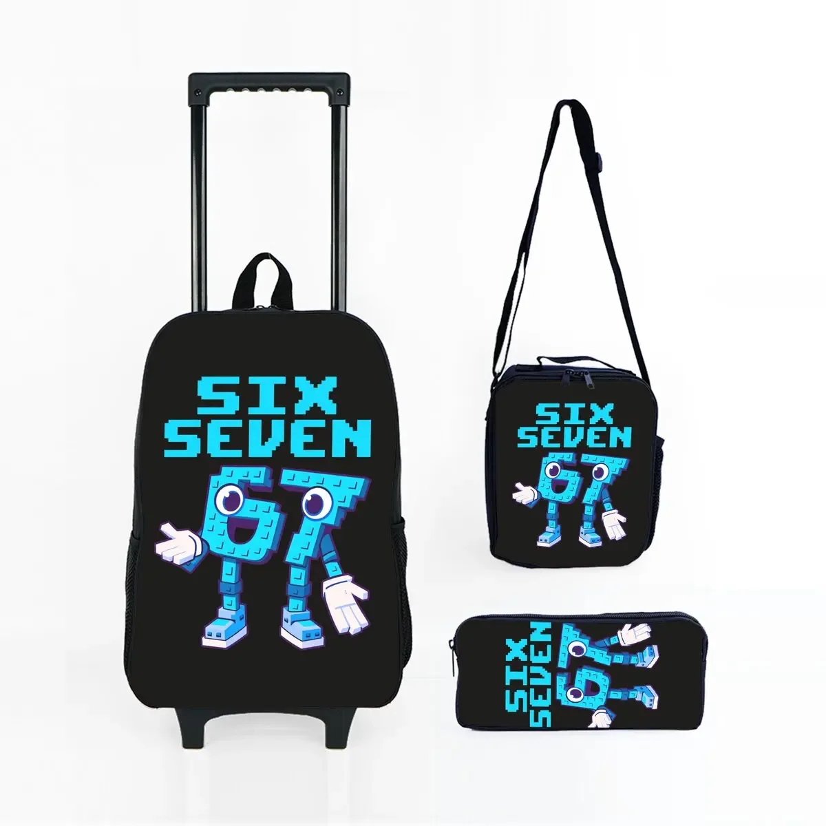 ensemble de sacs à roulettes noirs numéro 67 colorés, avec boîte à déjeuner, sac à stylos avec roulettes, sac à dos de chariot d'école pour filles/garçons