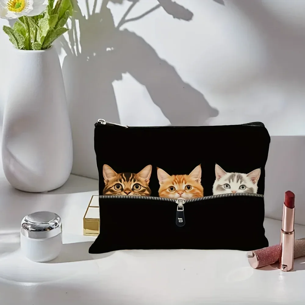 sac de maquillage à imprimé chat mignon - pochette multifonctionnelle à fermeture éclair, sac de rangement pour bijoux, petit sac de rangement de voyage à fermeture éclair parfait.