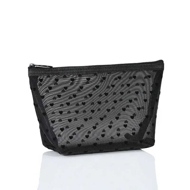 neceser noir coeur voyage sac cosmétique mode maille petit grand sac de toilette pochette de rangement de maquillage sac cosmétique à fermeture éclair transparente