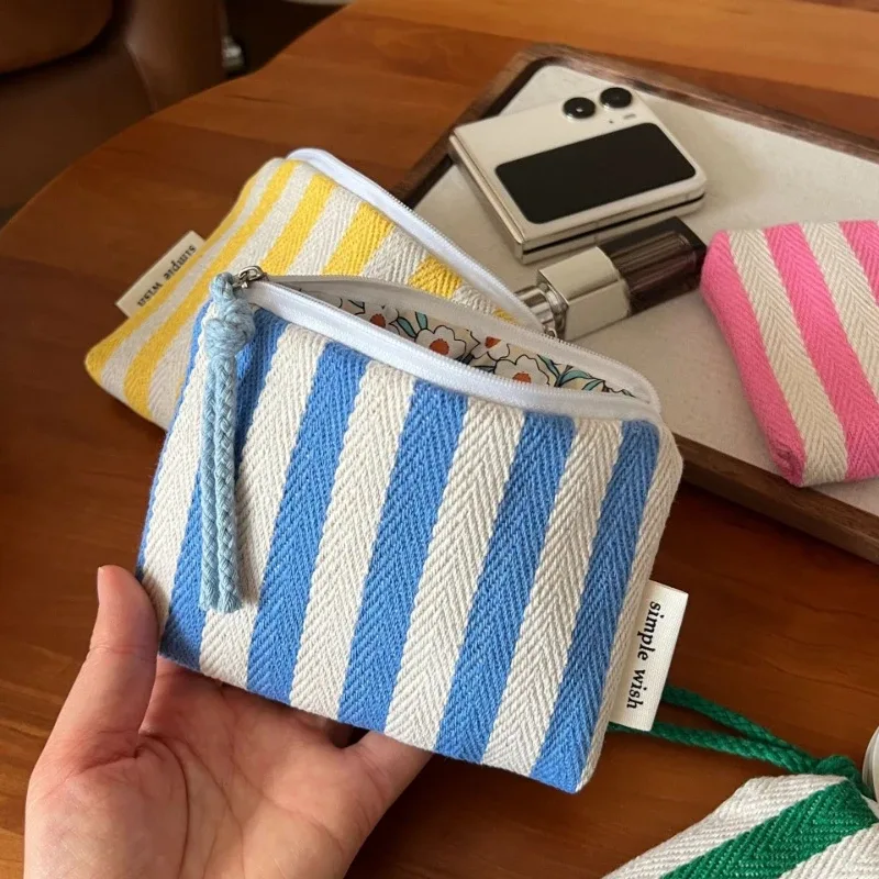 Petite trousse de maquillage, mini sacs organisateurs en toile rayée pour femmes, étui à rouge à lèvres, trousse de maquillage, porte-monnaie mignon pour enfants