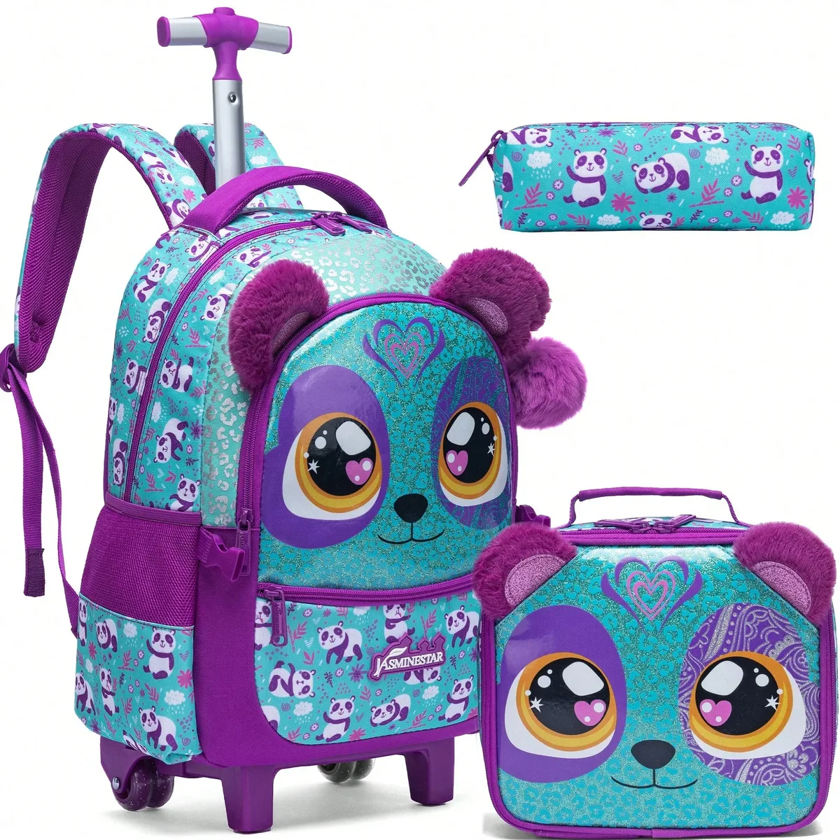 sac à dos à roulettes pour filles, sac à dos pour enfants à roulettes, ensemble de sacs à roulettes pour l'école avec boîte à lunch isotherme, sac de voyage pour enfants