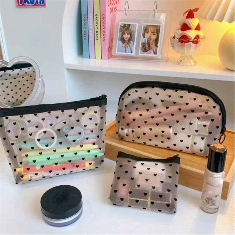 sacs de rangement en maille transparente en forme de cœur pour femmes, sac à cosmétiques nécessaire, organisateur de voyage, petits et grands sacs de toilette noirs, pochette de maquillage