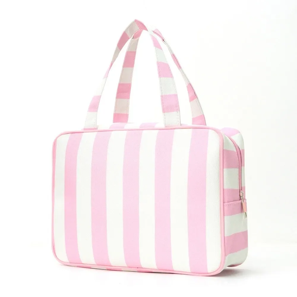 sac de rangement pour articles de toilette rayé grande capacité, pliable, multi-compartiments, sac de maquillage de voyage, pochette cosmétique durable et portable