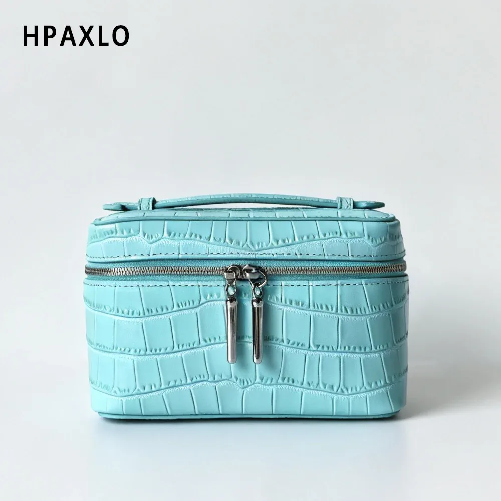 trousse de maquillage en cuir pleine fleur imprimé crocodile bleu, sac de toilette, cadeau femme, étui cosmétique, organisateur de maquillage de voyage