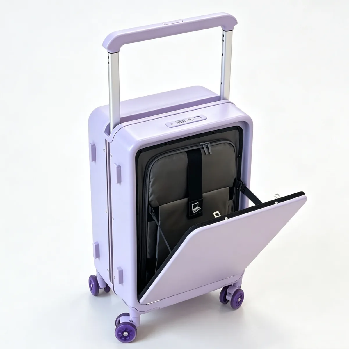 valise à roulettes avec poche pour ordinateur portable à ouverture frontale, poignée large, cadre en aluminium, serrure tsa, pour femme, en matériau pc, idéale pour les voyages et les entrepôts.