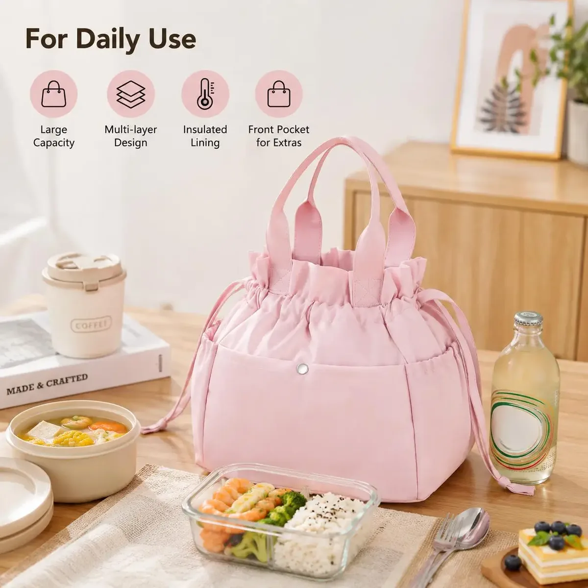 sac isotherme léger unisexe avec cordon de serrage pour le déjeuner, sac de rangement thermique pour aliments, sac à main pour le travail, les voyages, les pique-niques, facile à nettoyer, cadeau de vacances