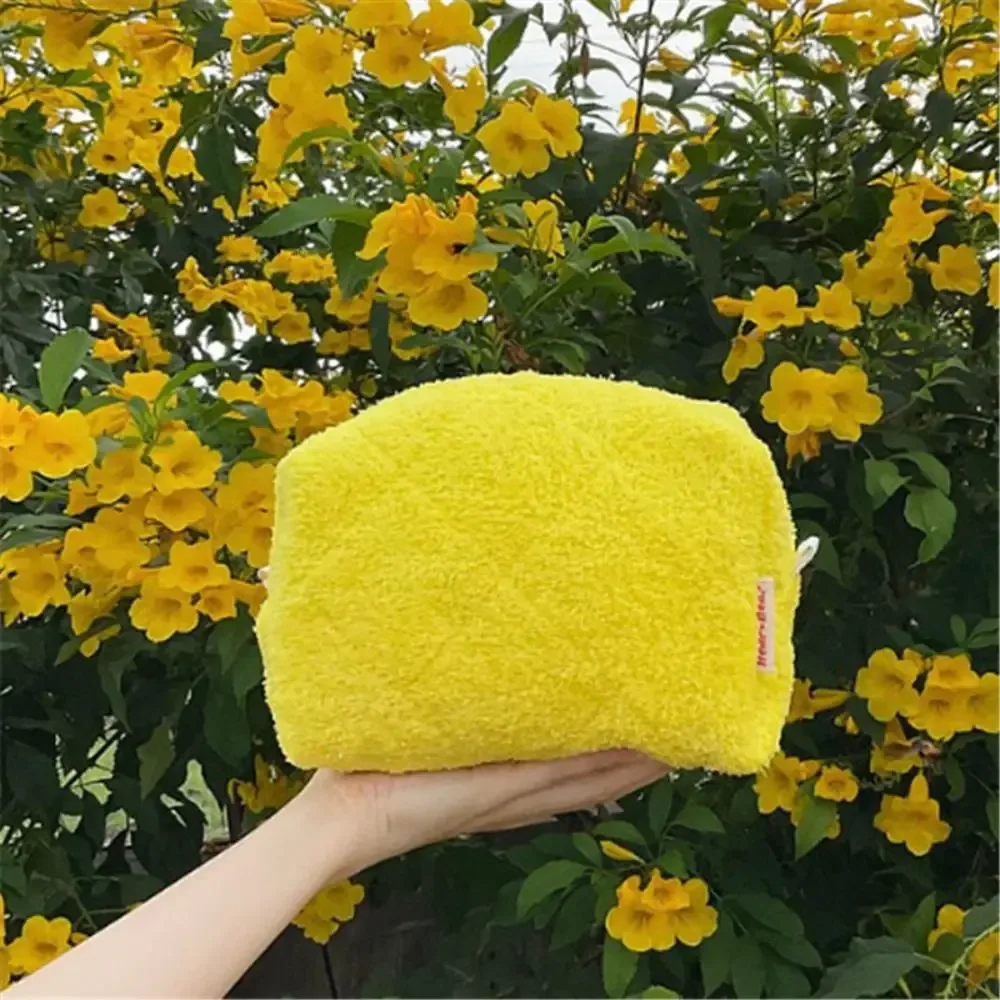 Trousse de Toilette Grande Capacité en Peluche Couleur Unie, Sac de Voyage Portable Style Kawaii, Organisateur de Maquillage