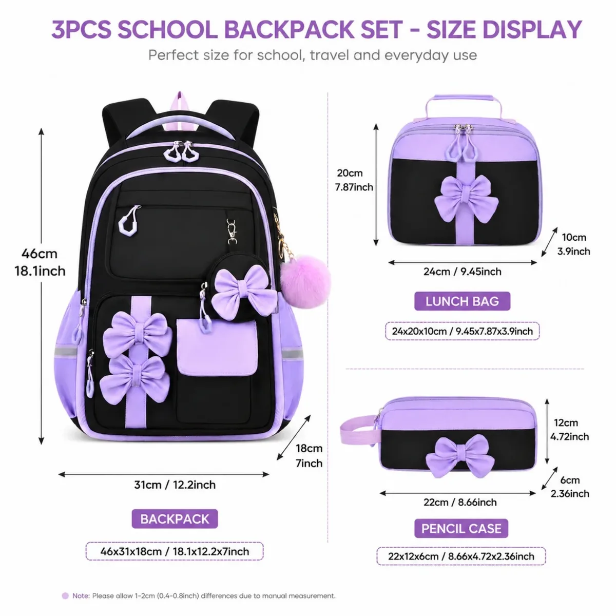 sac à dos tendance pour filles, ensemble de 3 pièces, sac à dos d'école mignon avec sac à lunch et trousse à crayons, sac à livres pour élèves du primaire et du collège