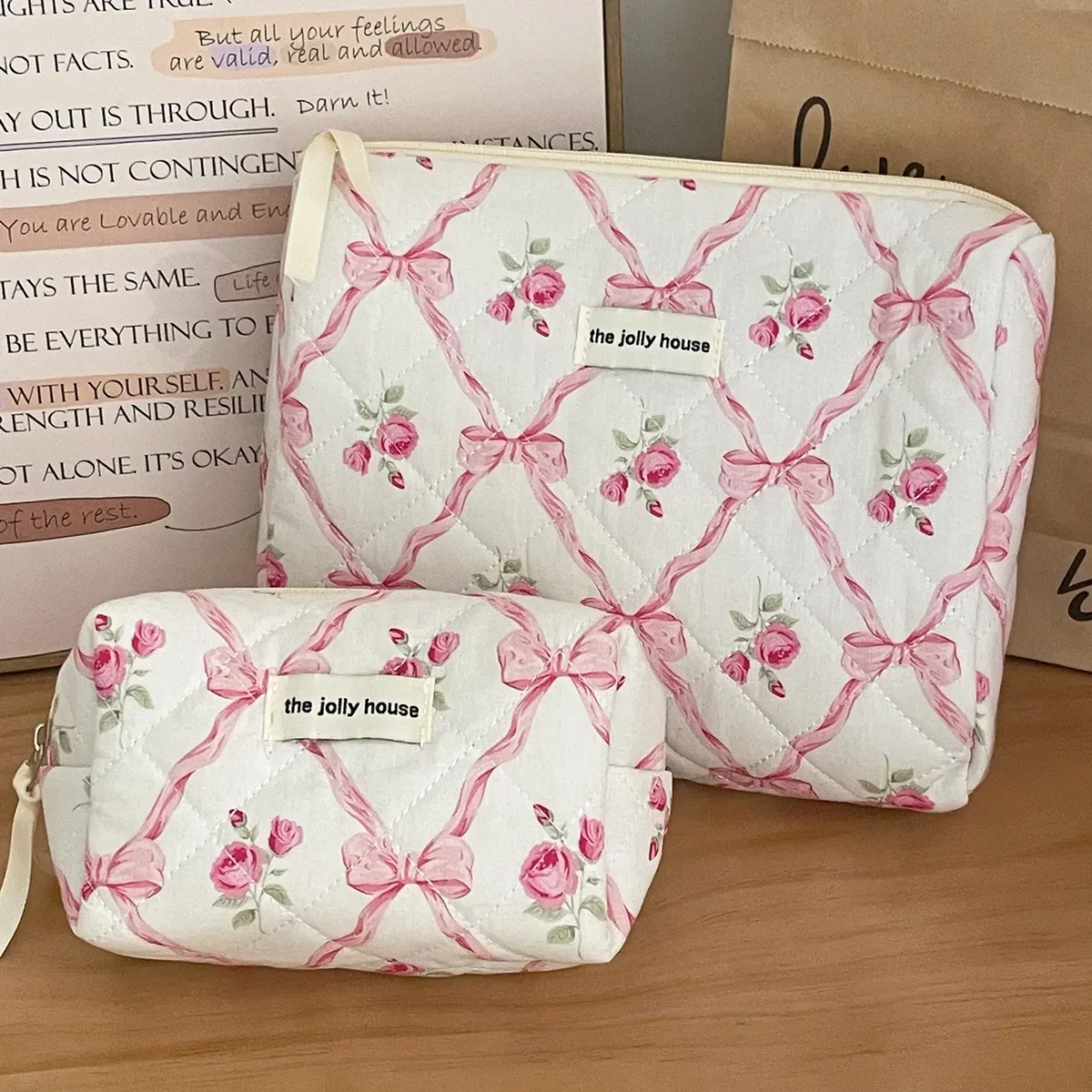 trousse de toilette portable avec fermeture éclair pour femme, trousse de maquillage, sac à main, courtepointe, coton, mignon, nœud, fleur, femme, évaluation, gril, cosmétique, filles