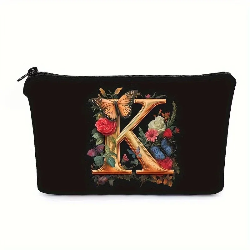 trousse de maquillage noire avec imprimés de 26 lettres de l'alphabet anglais, pochette à cosmétiques, sacs de rangement multifonctionnels