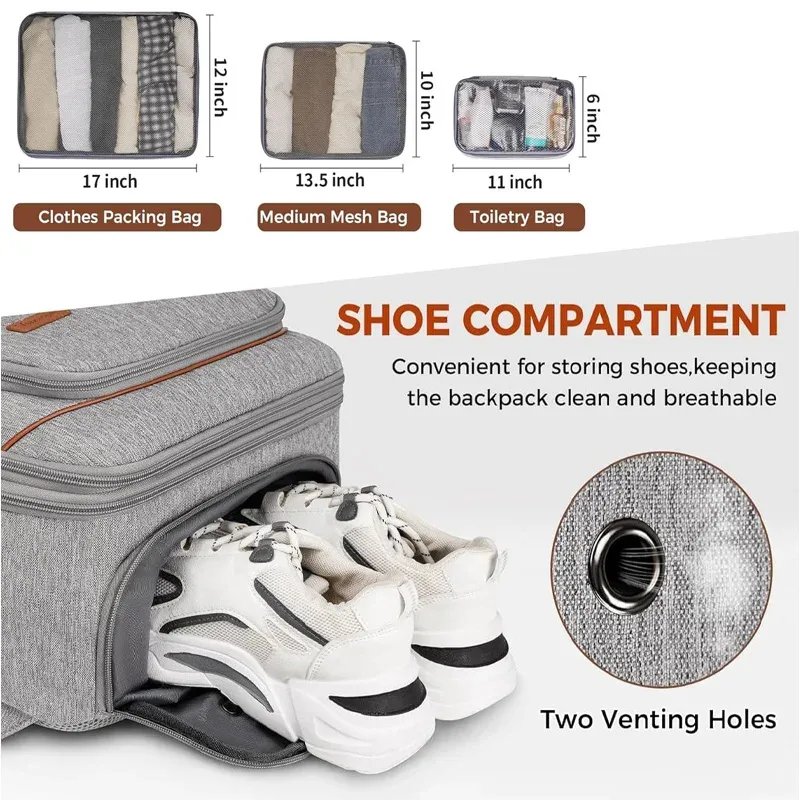 sac à dos de voyage, sac à dos de voyage approuvé par les compagnies aériennes avec 3 cubes de rangement, sac de voyage extensible de grande capacité 40l pour ordinateur portable de 17,3 pouces, anti-vol