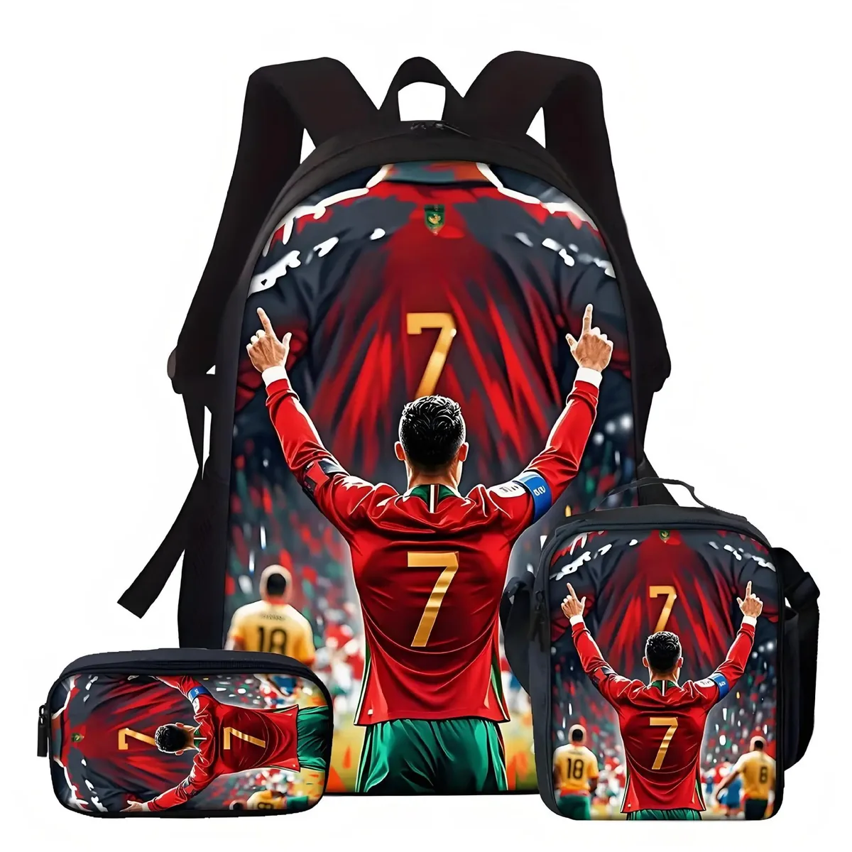 sac d'école décontracté à imprimé cr7 avec sac à déjeuner et trousse à crayons, ensemble de 3 pièces, sacs à dos pour étudiants du primaire, garçons et filles, cadeaux d'anniversaire