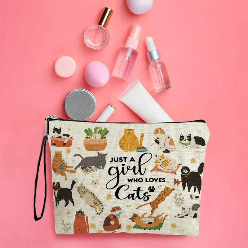 sac de maquillage chat mignon de dessin animé pour femmes, pochette de rangement multifonctionnelle, sac de lavage à fermeture éclair pour cosmétiques, sac de maquillage portable simple de voyage