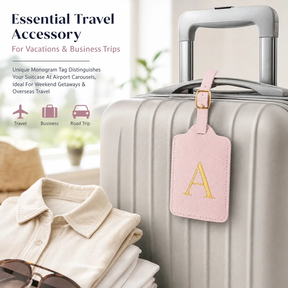 étiquette de bagage rose à 26 lettres, adaptée pour la plage, les vacances d'été, la rentrée scolaire et d'autres occasions.
