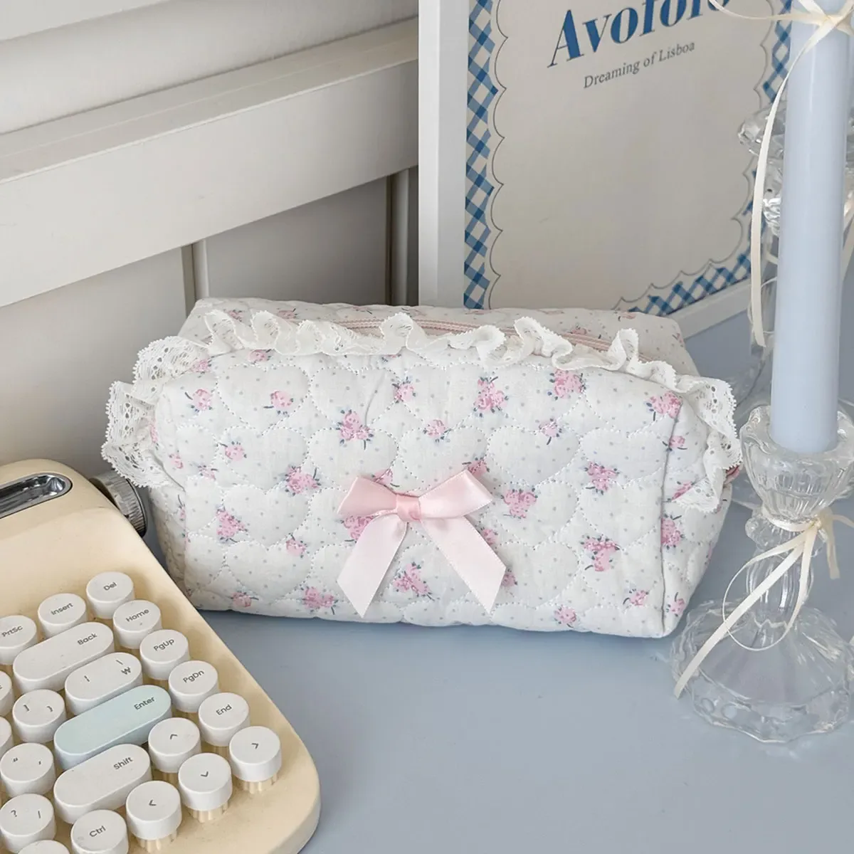 petite trousse de maquillage et de rangement de voyage pour femmes et filles, en dentelle rose à motif floral, avec nœud mignon, forme carrée, fermeture éclair, pochette à monnaie et portefeuille