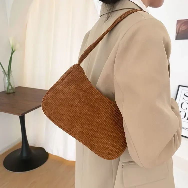 sac sous les bras en velours côtelé pour femmes, sacs à bandoulière décontractés, pochette de shopping sous les aisselles pour téléphone, fermeture éclair, pochette