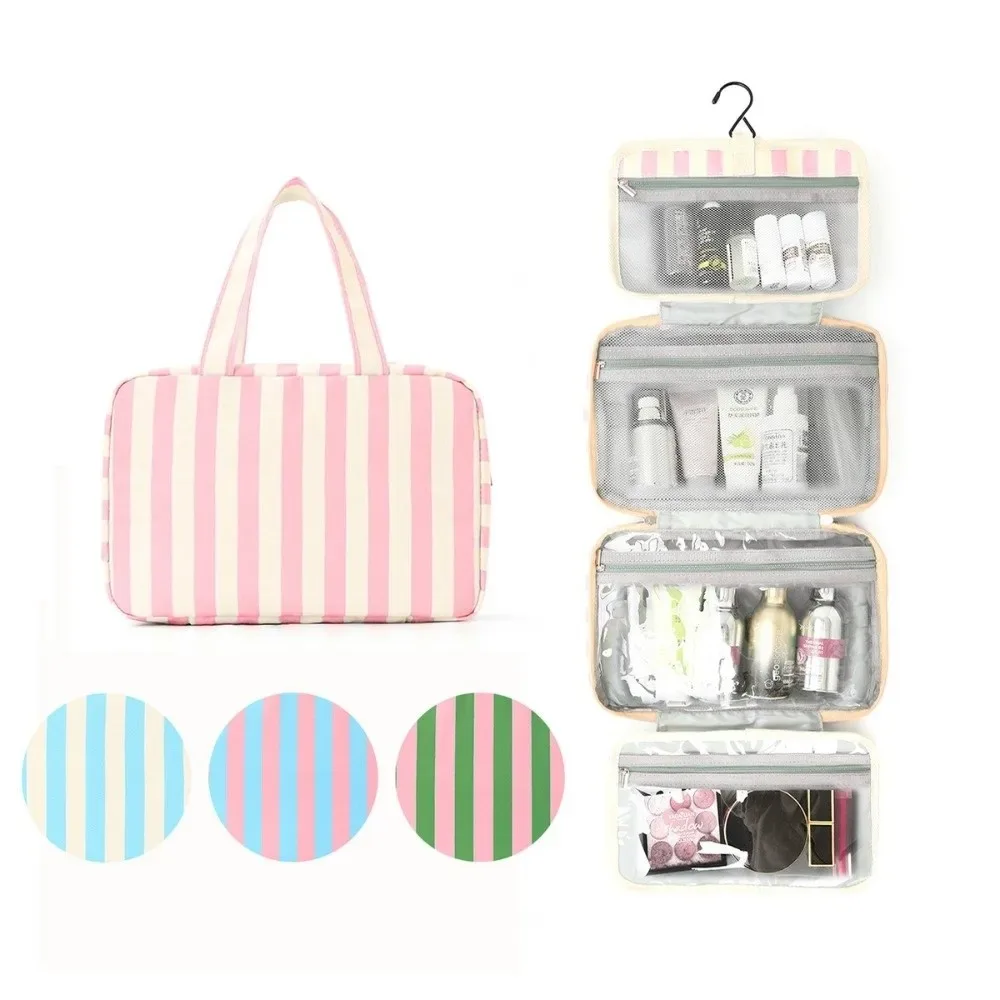 Sac de toilette de voyage portable suspendu, pliable en 4, avec crochet, organisateur de cosmétiques, grande capacité, sac de cosmétiques rayé, pour l'extérieur
