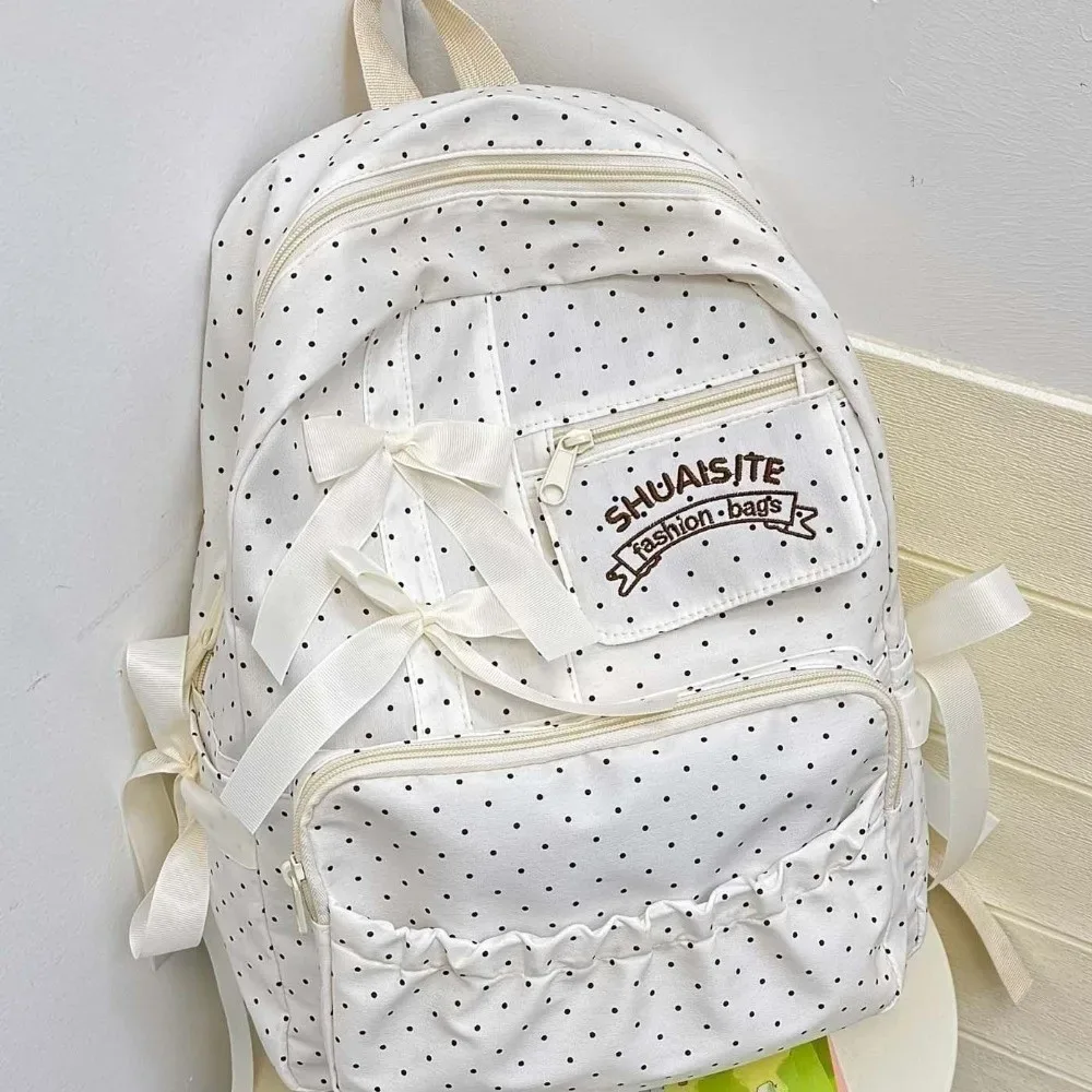 sac à dos en nylon à pois avec nœud, multi-compartiments, grande capacité, fermeture éclair, doublure en polyester, sac à dos de voyage