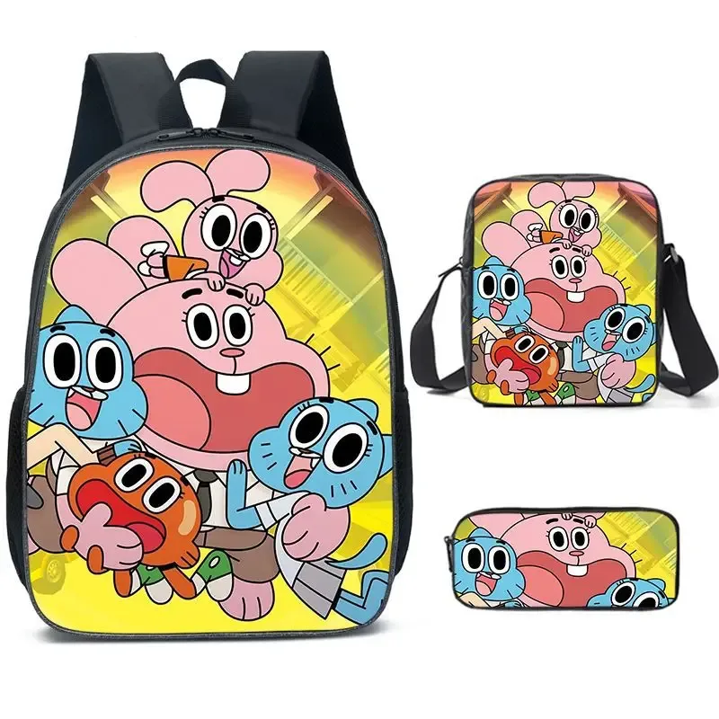 l'incroyable monde de gumball anime 3 pièces/ensemble sac à dos étudiant école sac à bandoulière enfant mignon voyage sac à dos enfants cadeau d'anniversaire