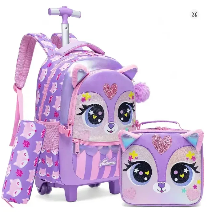 sac à dos scolaire à roulettes, ensemble de 3 pièces, sac à déjeuner, sac à stylos, sac à dos d'école à roulettes pour filles, ensemble de sacs à roulettes avec sac à déjeuner