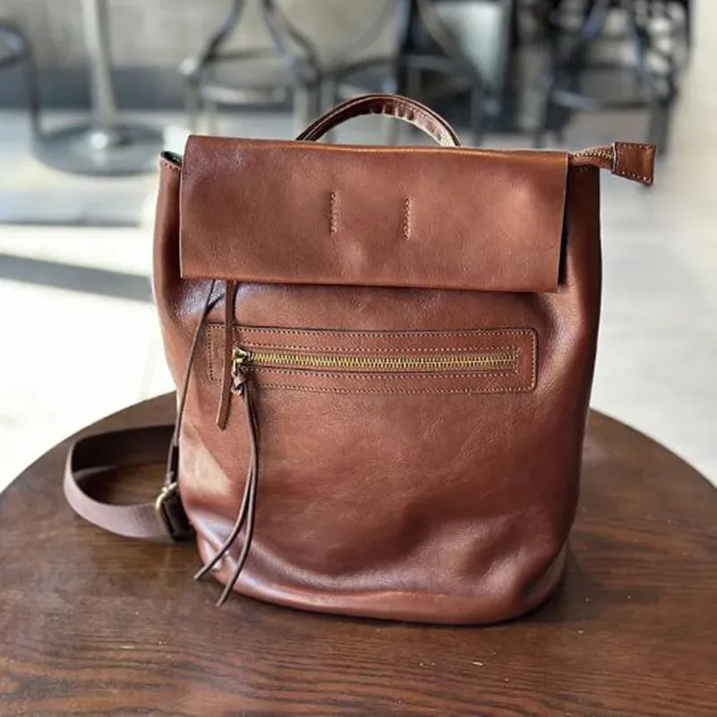 sac à dos femme en cuir grande capacité, nouveau style japonais vintage, en cuir de vachette tanné végétal, style académie