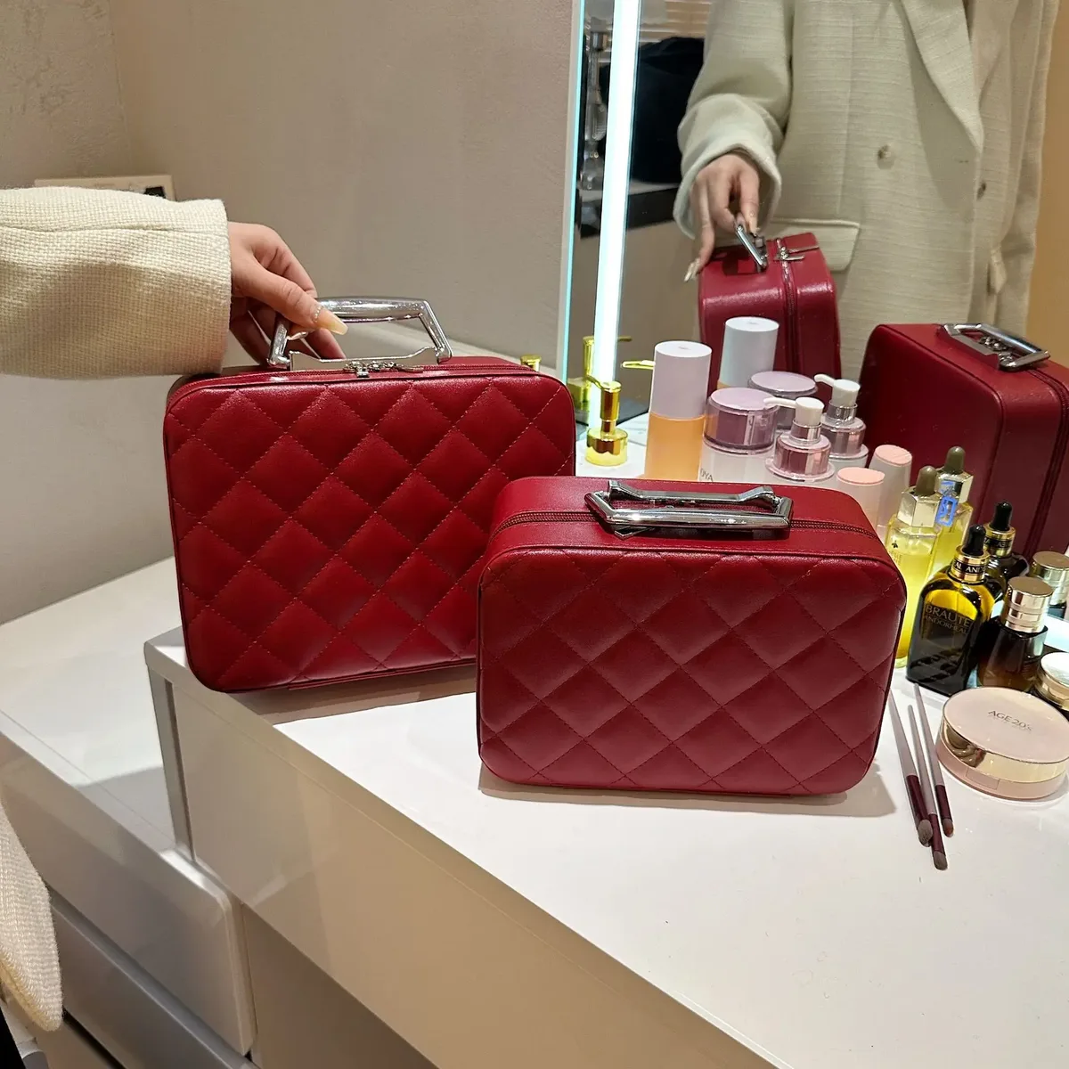 sac à cosmétiques portable en cuir argyle pour femme, multifonction, étanche, rangement de voyage, organisateur, sac à main, miroir, étui de maquillage