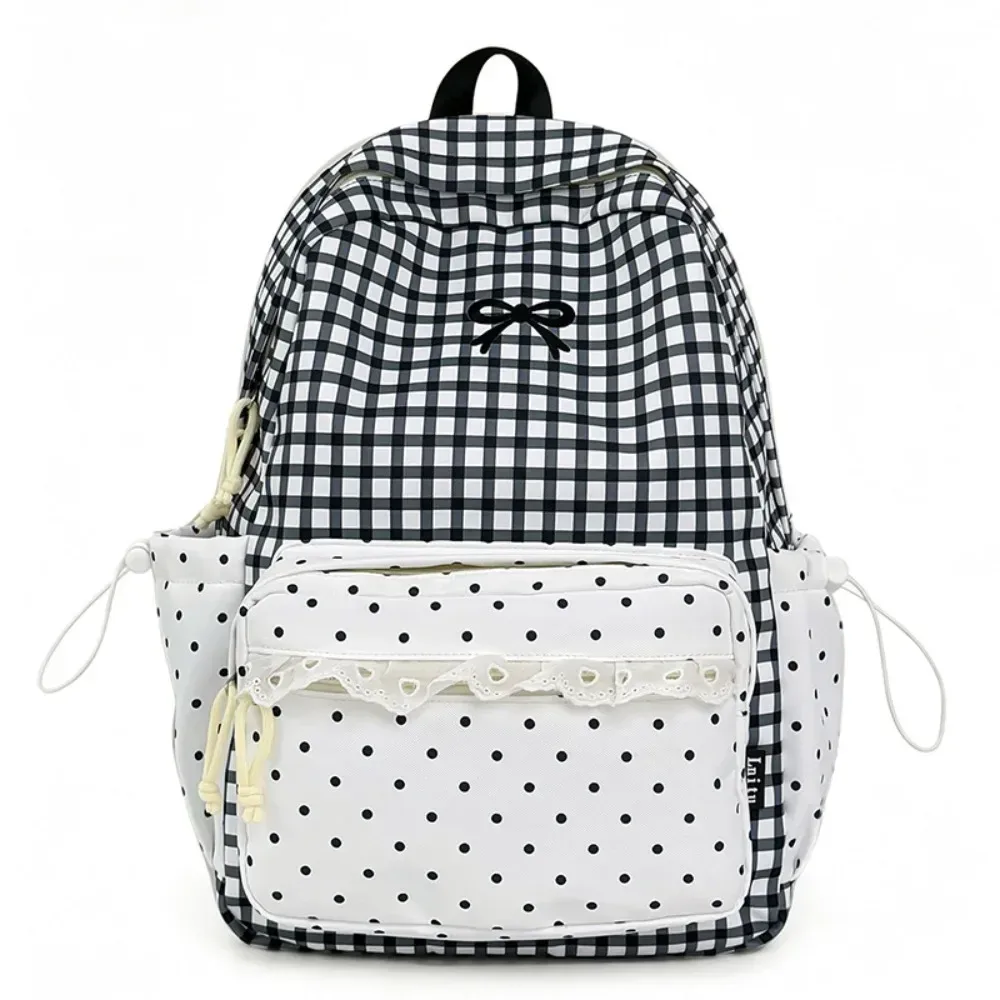 sac à dos tendance à pois, à carreaux, avec nœud et bordure en dentelle, durable et léger, idéal pour les étudiants et l'utilisation en extérieur.