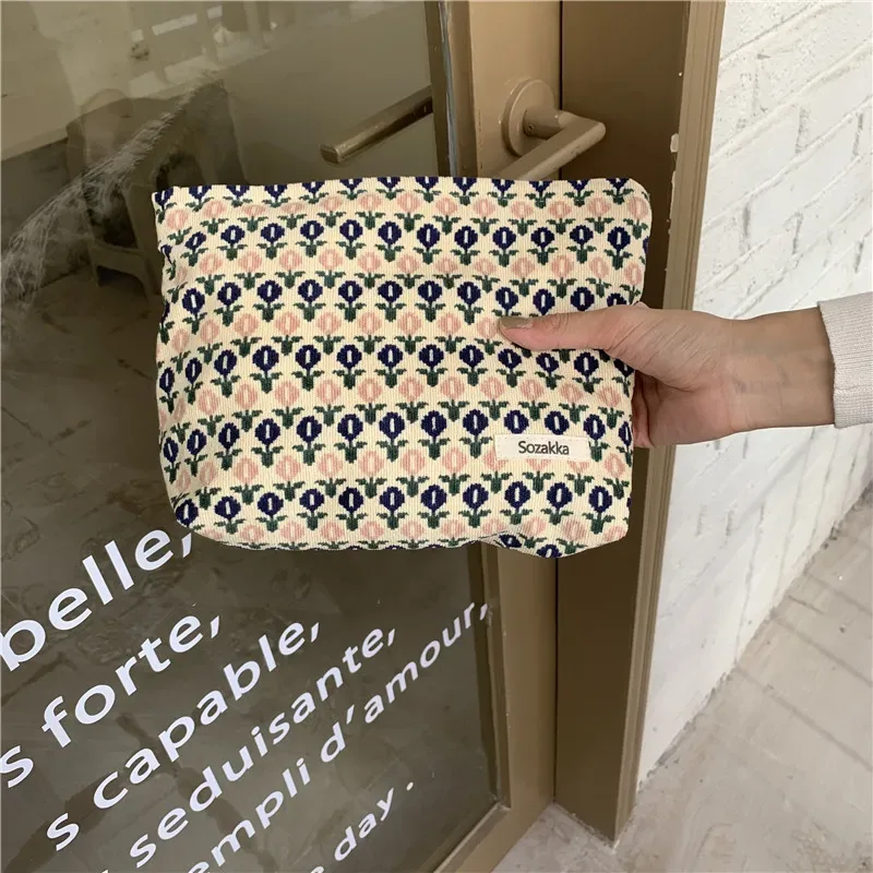 trousse de maquillage portable en velours côtelé pour femme, sac de rangement pour téléphone portable, trousse de maquillage pour fille, poudres, fleur vintage, voyage