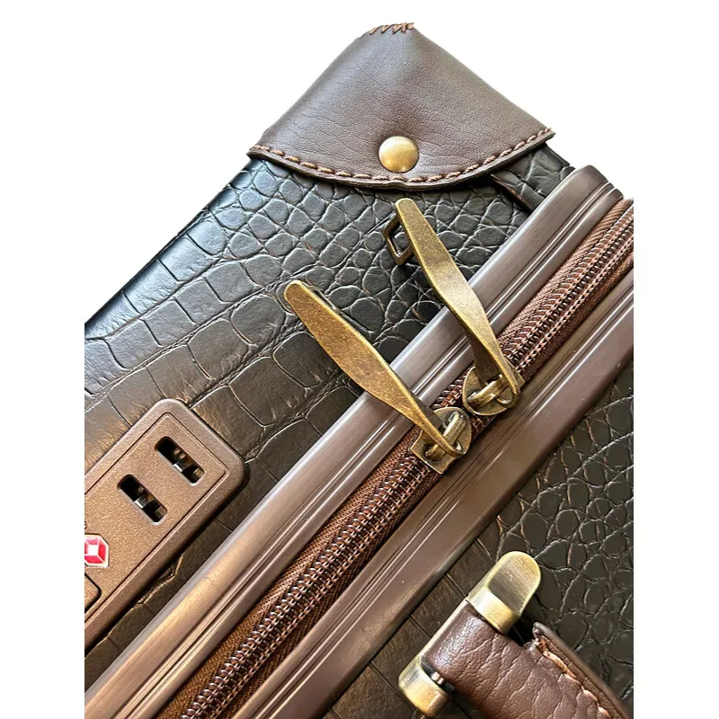 bagage en pu texture crocodile vintage, valise à main de 20 pouces, valise à carreaux de 24/26 pouces, roues spinner de grande capacité, durables pour les entreprises