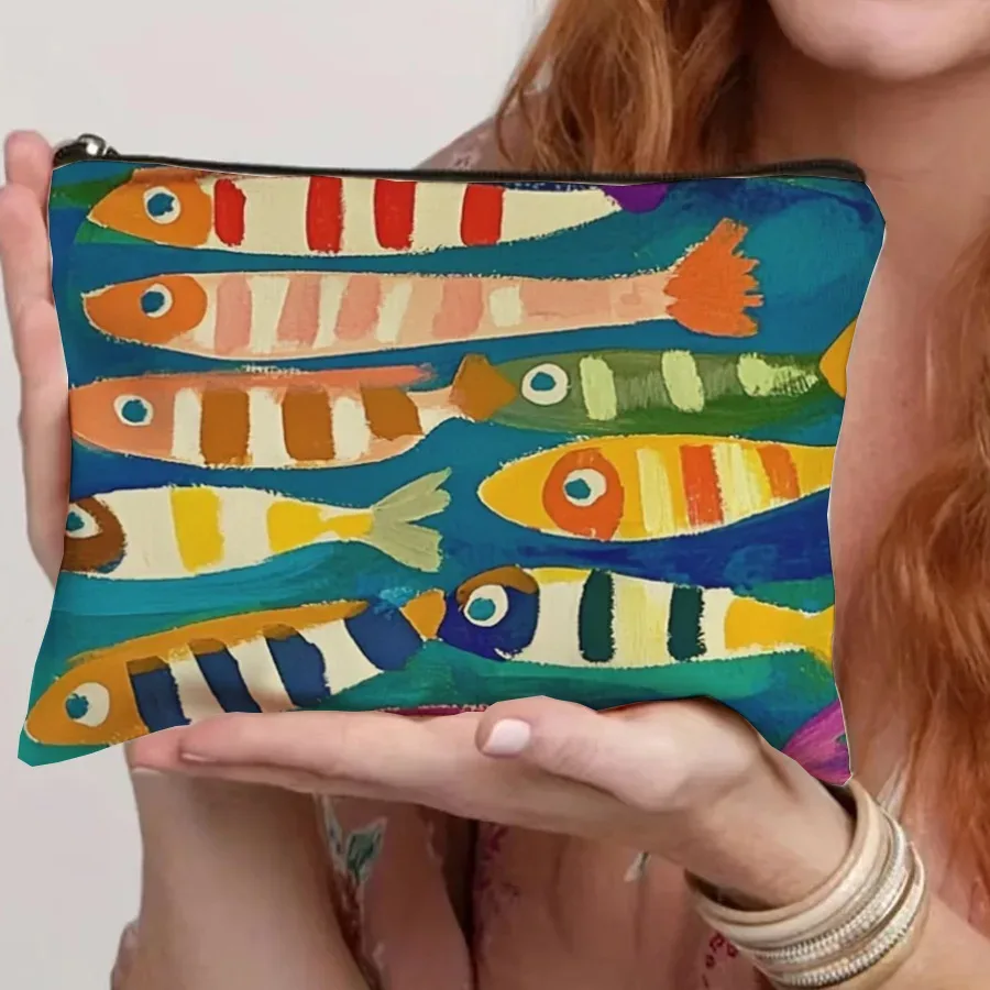 sac à cosmétiques vintage à motif de sardine, 1 pièce, organisateur de maquillage de voyage pour articles de toilette et pinceaux, design portable unisexe pour voyage
