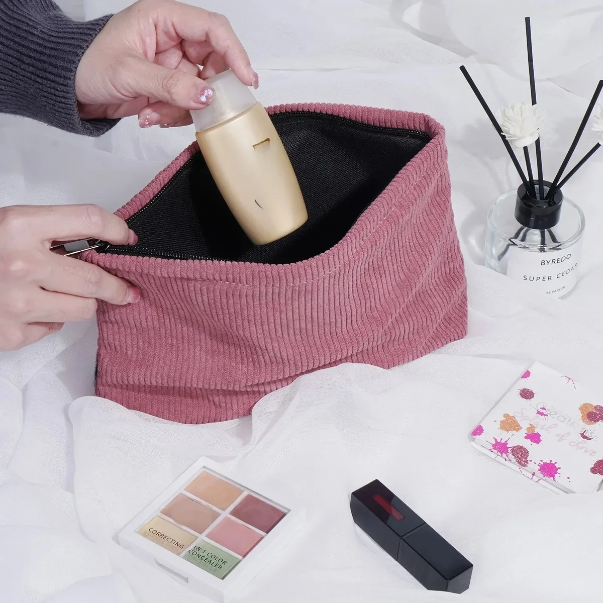 sac à cosmétiques de voyage en velours côtelé, sac de rangement de maquillage portable, sacs à main pour femmes, grande capacité, fermeture éclair, organisateur de maquillage, pochette de rangement