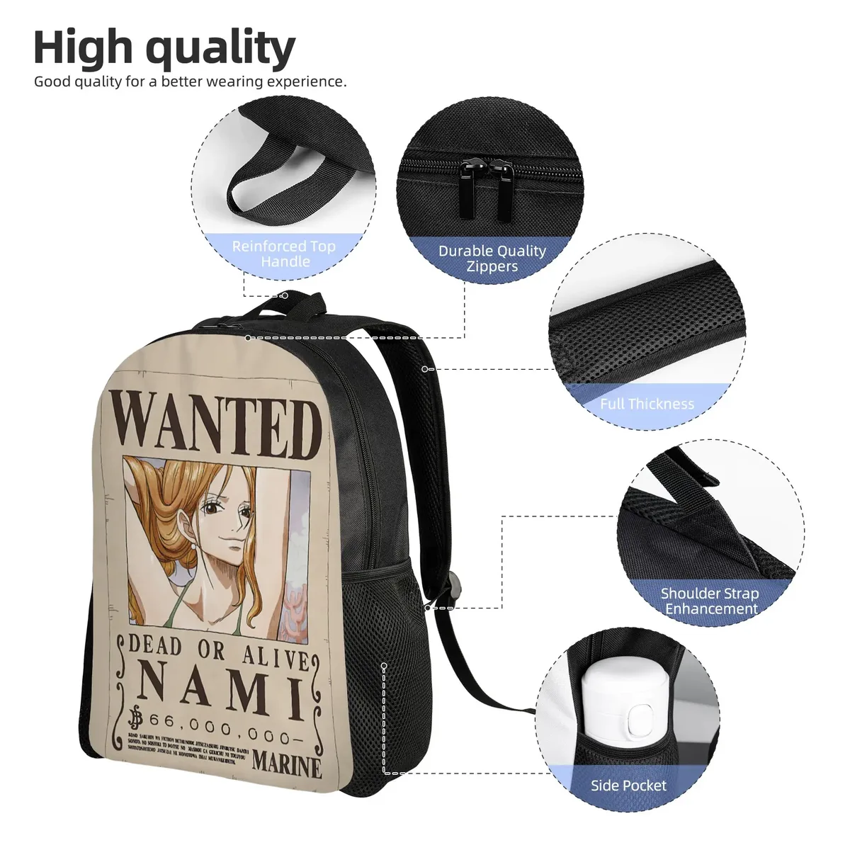sac à dos de mode one piece anime cat burglar nami wanted poster daypack ita bag mochila pour le quotidien et le travail avec fermeture éclair