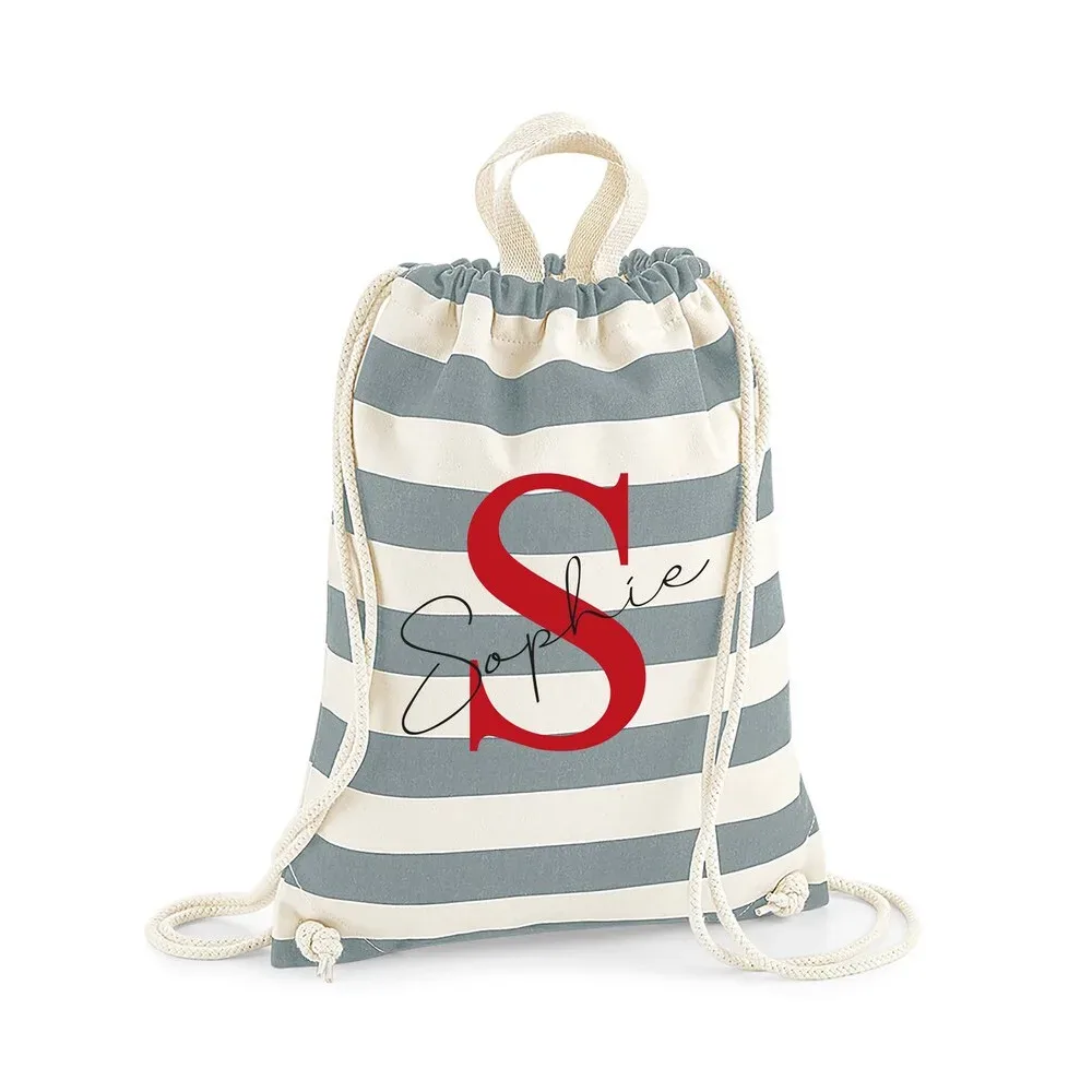 sac à dos à cordon de serrage rayé personnalisable, en toile de coton, avec texte personnalisé, sac pliable et portable pour voyage et école