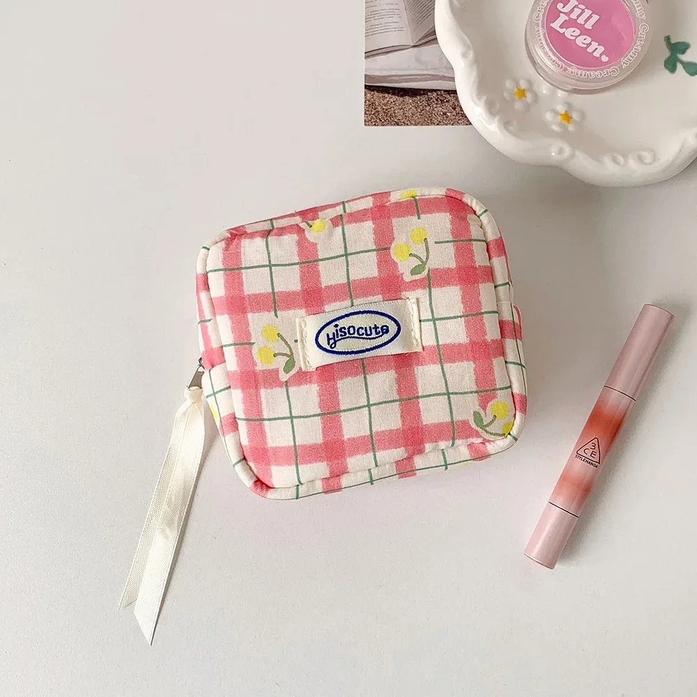 sacs de maquillage pour femmes, sacs à cosmétiques japonais à carreaux cerise dopamine doux kawaii, sac de rangement portable multifonctionnel pour filles