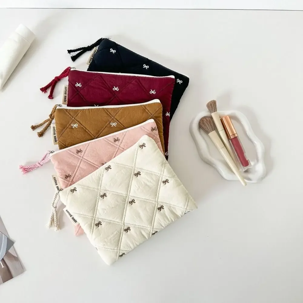 nouvelle trousse de toilette matelassée avec nœud brodé, grande capacité, sac à papeterie multifonctionnel, trousse à stylos