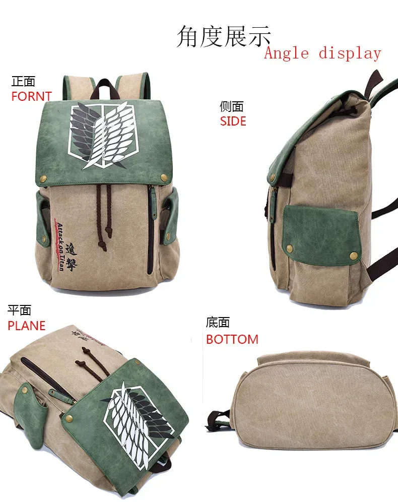 anime attack on titan cartoon canvas backpack for boys, school bag for female and male, plecak laptop travel, 