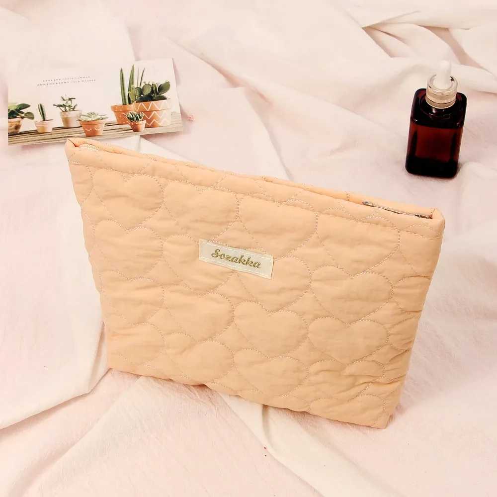 sac de maquillage matelassé en forme de cœur pour femmes, macaron, grande capacité, mignon, pochette de rangement de cosmétiques, sac à main de voyage
