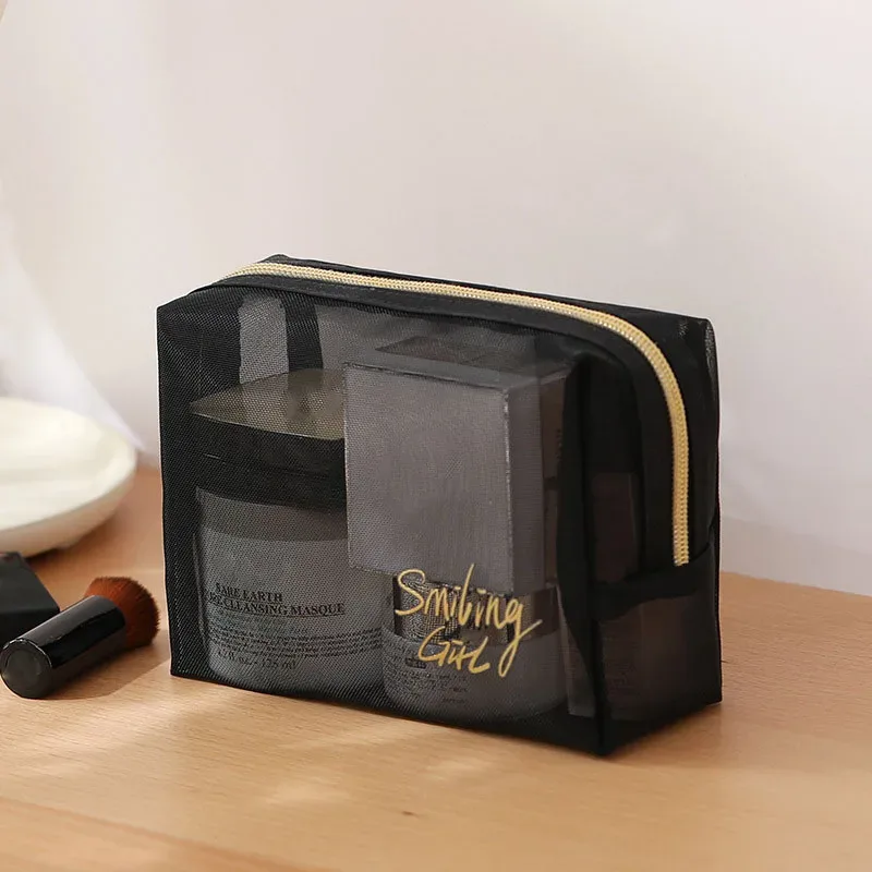 1pc 2025 noir maille sac cosmétique petits grands sacs de maquillage pochette à fermeture éclair pour les bureaux sacs de rangement de voyage sacs de toilette pochette de maquillage