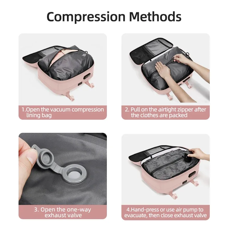 sac à dos de voyage pour femmes, sac à dos pour ordinateur portable de 16 pouces, compression sous vide, chargeur usb, sac à dos d'école, sac à dos de randonnée étendu, sac à dos d'affaires