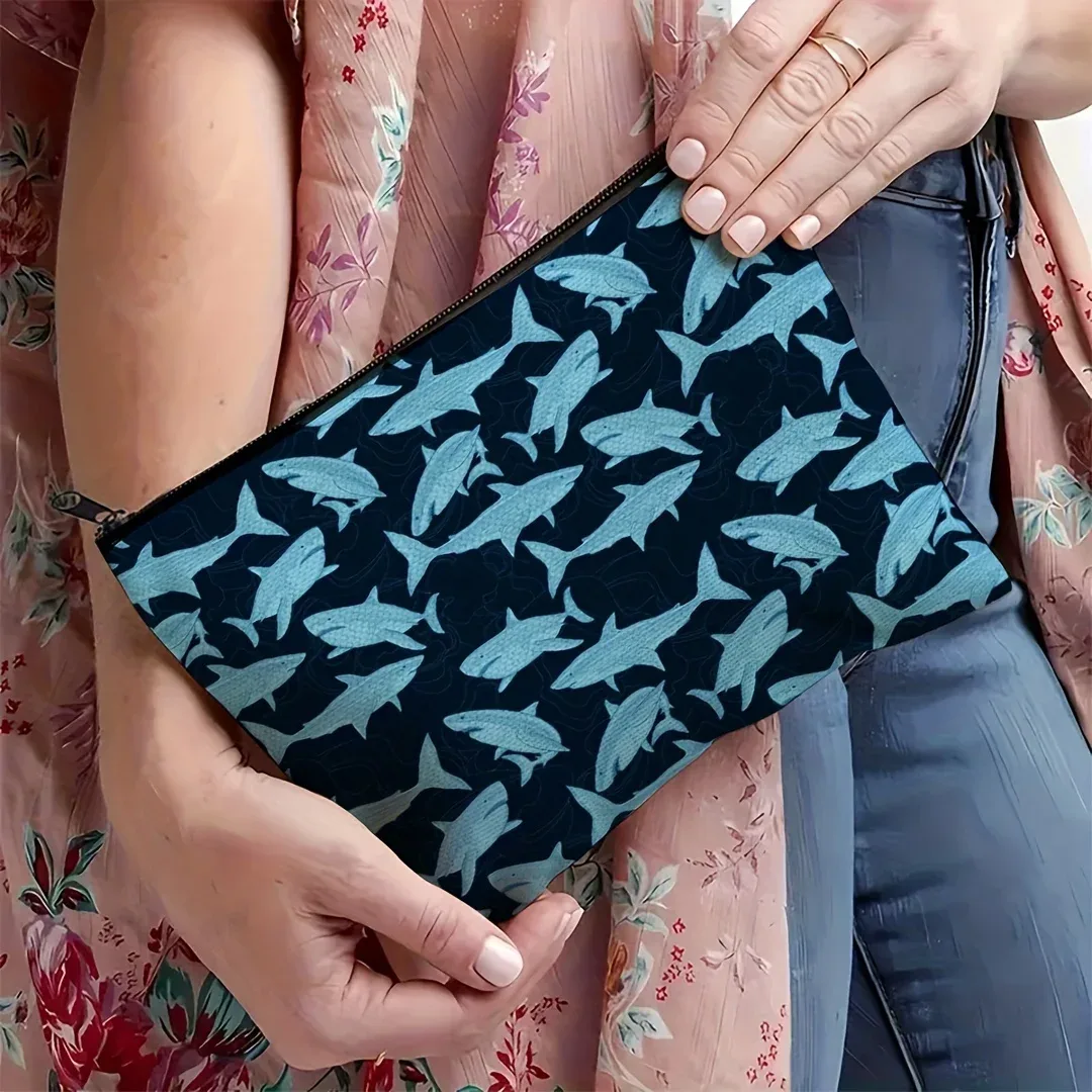 sac de maquillage sur le thème des requins inspiré de l'océan - pochette multifonctionnelle à fermeture éclair pour femmes, sac de rangement pour bijoux
