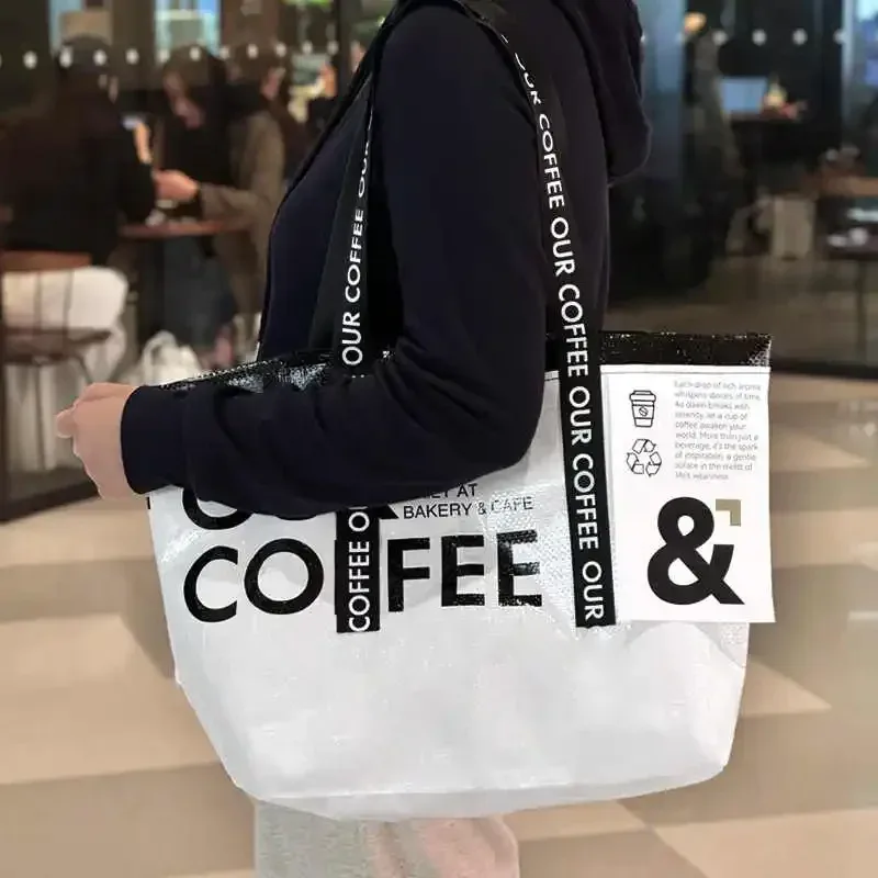 sac de courses tissé blanc imperméable, sac à bandoulière avec lettres anglaises, fourre-tout réutilisable, sac à main portable, sac d'épicerie pour vêtements et linge