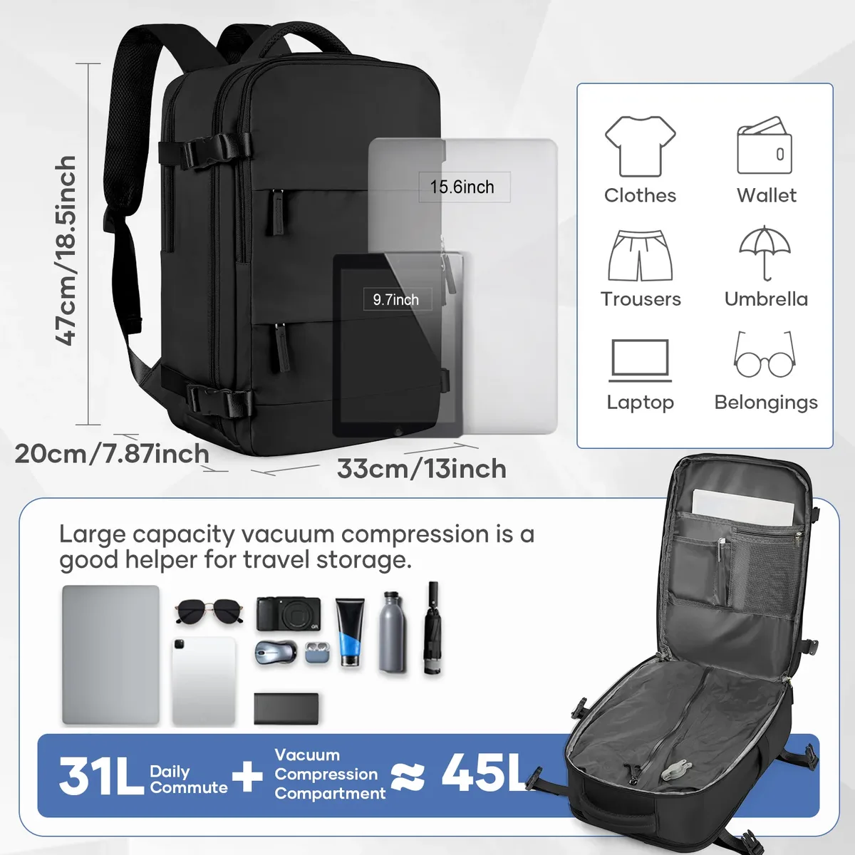 sac à dos de compression sous vide avec air aériennes approuvées par pompe à air, sac à dos de voyage pour hommes et femmes, sac de travail pour ordinateur portable d'affaires de stockage sous vide