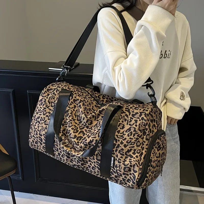 Sac fourre-tout tendance à imprimé léopard pour femme, grande capacité, sac de voyage, sac de week-end, sac de nuit avec compartiment à chaussures