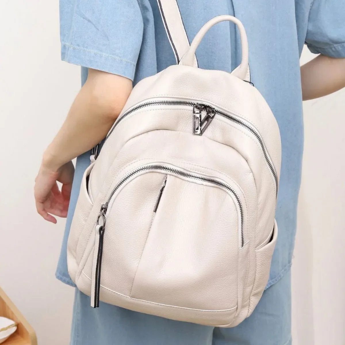 sac à dos décontracté en cuir de vachette véritable pour dames, sac de voyage antivol, motif solide, sac à dos en cuir véritable