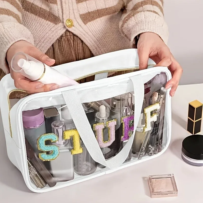 sacs de rangement de toilette, organisateurs de cosmétiques de voyage de grande capacité, sacs à cosmétiques avec lettres en chenille, pochettes de maquillage transparentes
