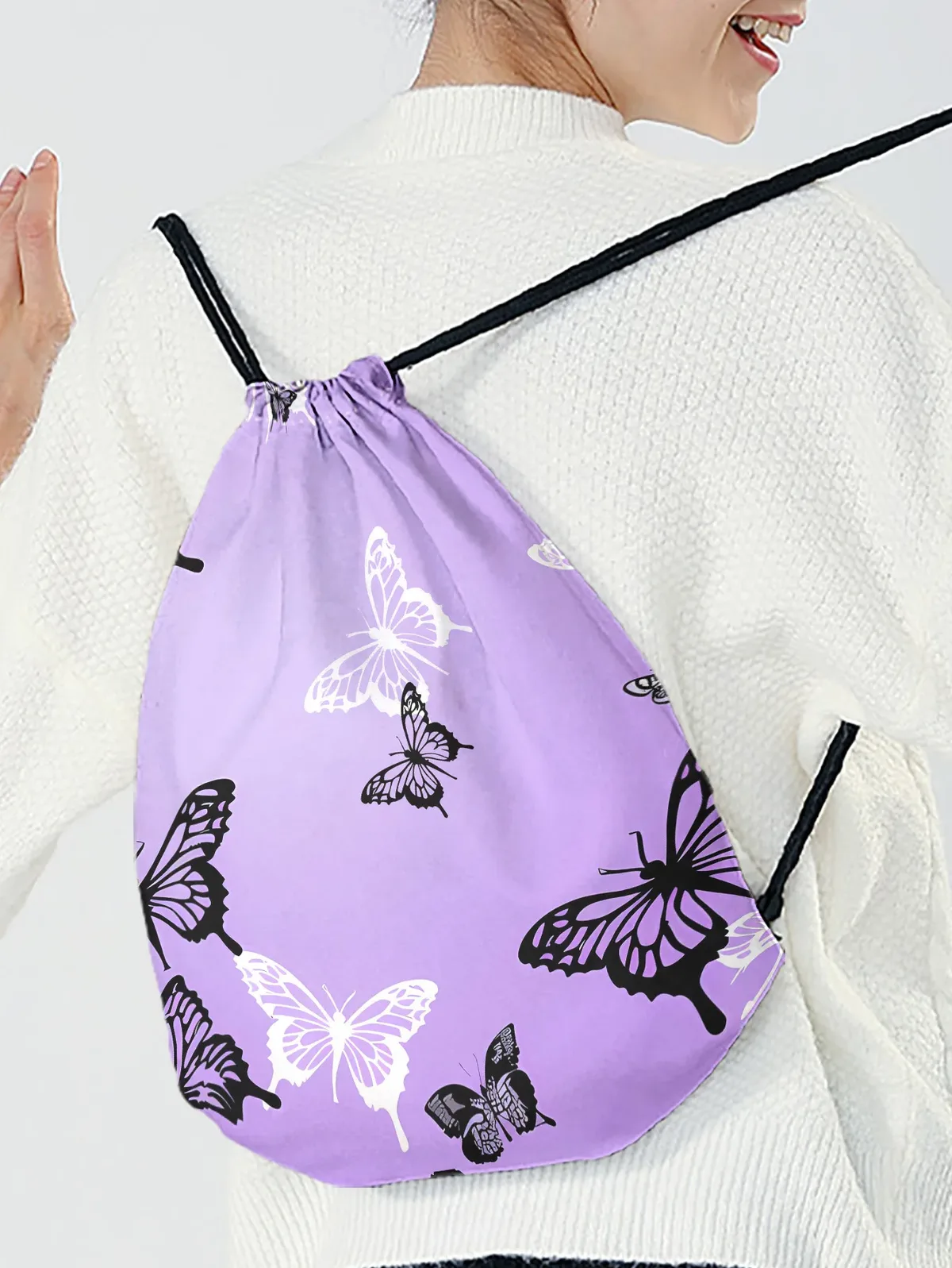 sac à dos à cordon de serrage imprimé papillon violet, sac de sport léger pour la salle de sport, le yoga, les voyages, l'école, les courses et les déplacements quotidiens