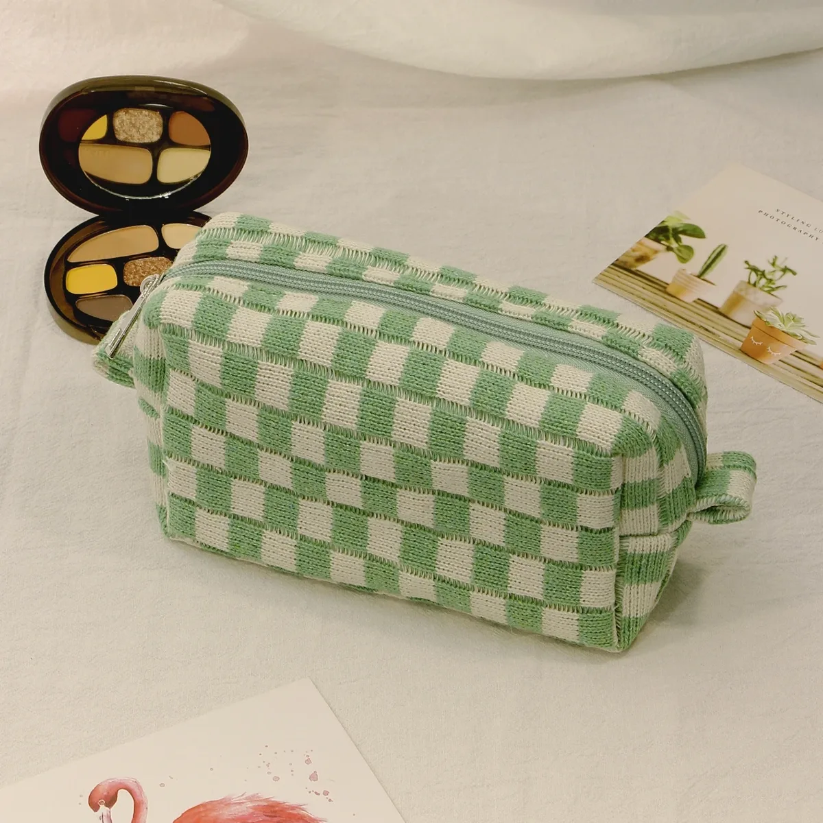 sac à cosmétiques en damier, sac de rangement de toilette tricoté, pochette de maquillage colorée, organisateur, sac à cosmétiques à motif à carreaux