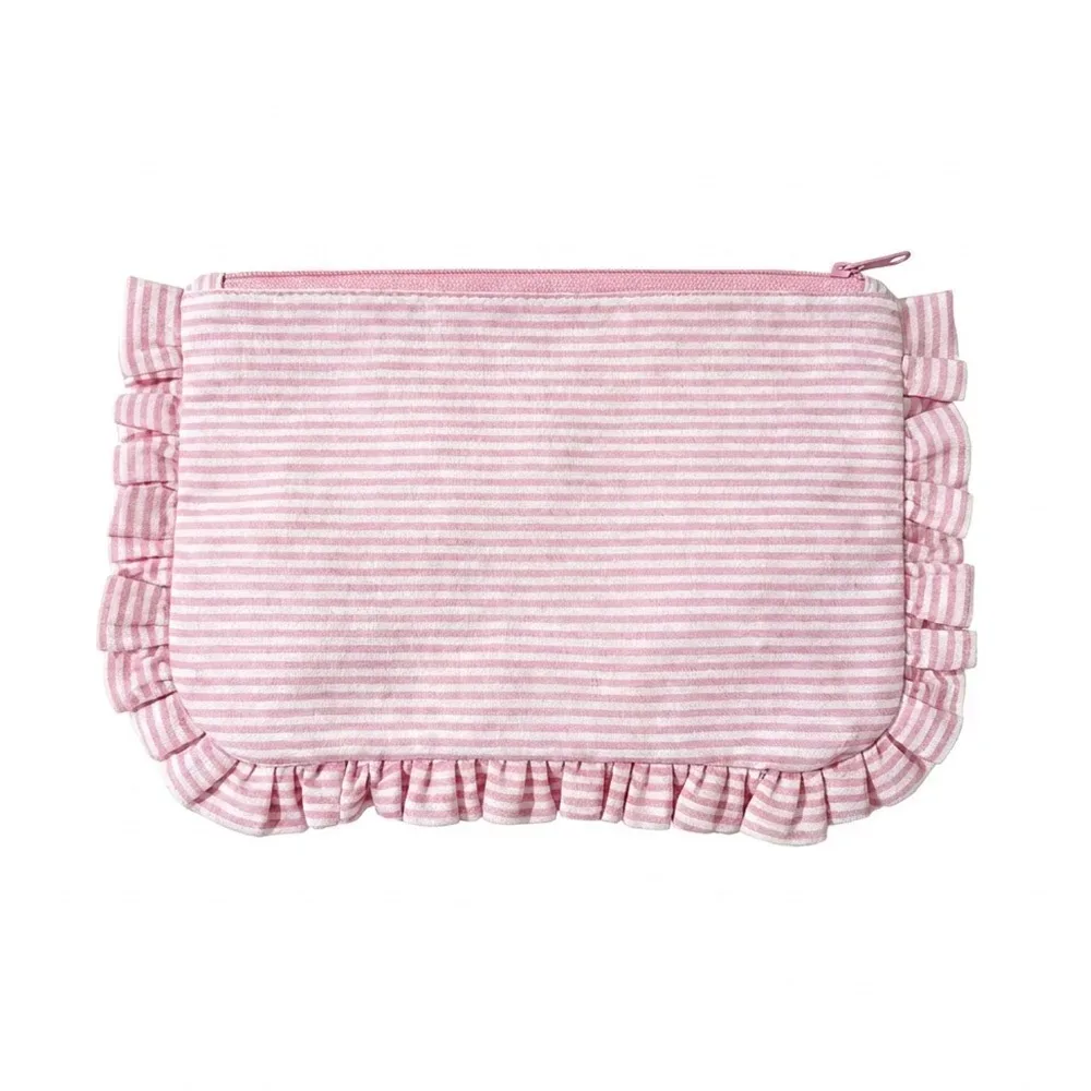 sac de maquillage à rayures à volants durable, grande capacité, pochette cosmétique portable, trousse de toilette, cadeau